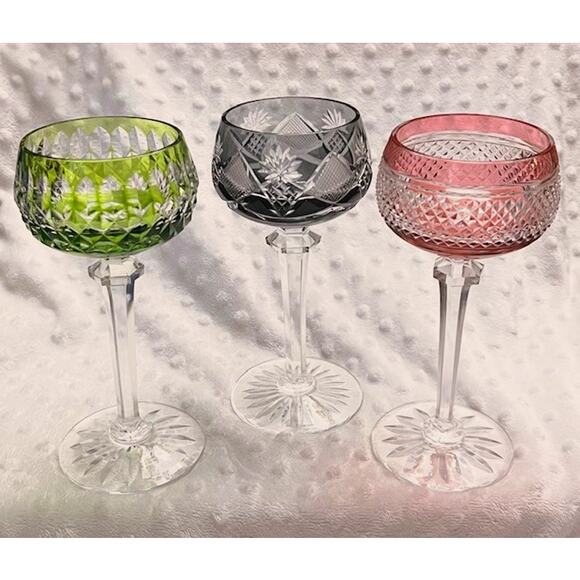 Val St. Lambert Set of (3) Color (Red, Green, Black) Cut Crystal Wine Hocks - Picture 2 of 8